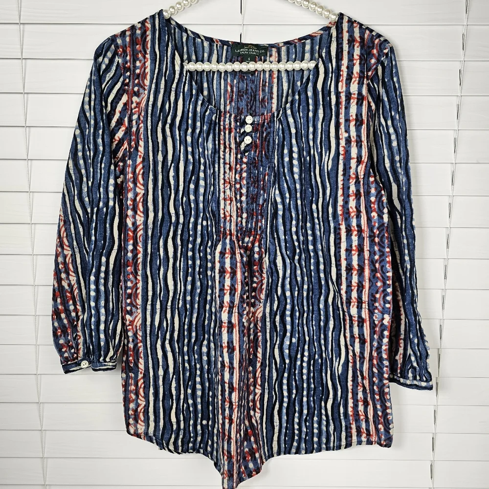LRL Ralph Lauren Pintuck Peasant Top with 3/4 Sleeves - Picture 1 of 13